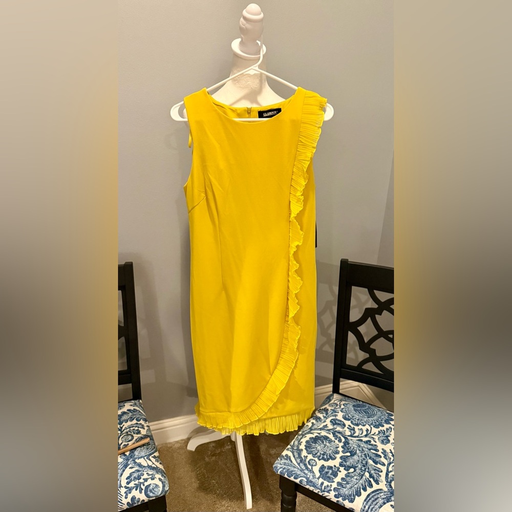 Glamour Asymmetrical Yellow Dress with Ruffle Size 8